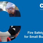 A person wearing a white Chubb hard hat and dark uniform inspects a red fire extinguisher mounted on a wall. The scene is framed within a large blue letter “C.” To the right, text reads “Chubb — Powered by API Group — Fire Safety Basics for Small Businesses” on a blue background.