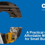 A Chubb-branded graphic showing a café or small business setting with a person using a tablet, alongside the text “A Practical Guide to Affordable Monitoring for Small Businesses.”