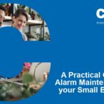 Two people work together at a laptop in a modern workspace, framed inside a large blue “C”. To the right, the Chubb and API Group logos appear above the title “A Practical Guide to Alarm Maintenance for your Small Business.